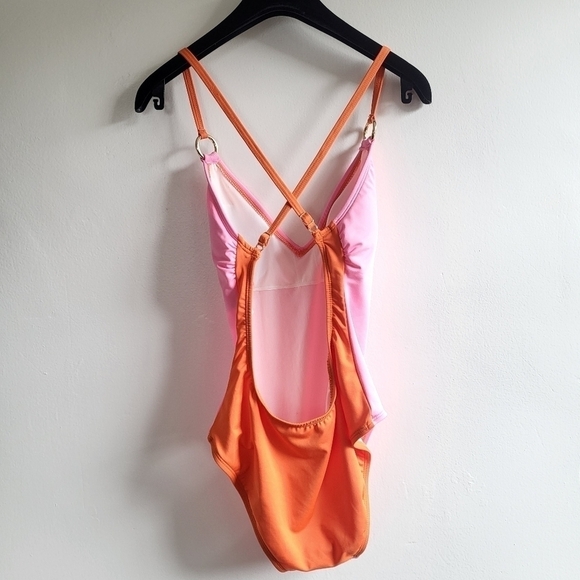 New Kate Spade NY Plunging V-Neck Colorblock Barbie Pink/Orange Swimsuit Small - Picture 10 of 17